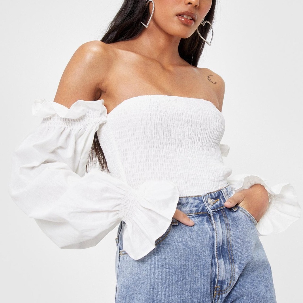 White Shirred Cropped Blouse